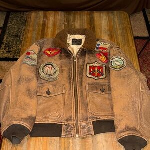 Top Gun G1 Vintage Distressed Leather Bomber Jacket with Patches